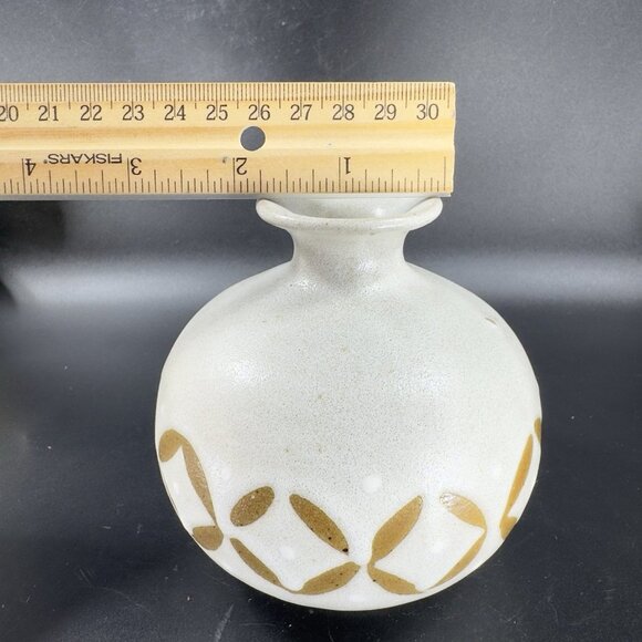 Vintage 1990s Hand Made Stoneware Pottery Vase Round Bottom Brown Pattern VTG - Picture 4 of 11
